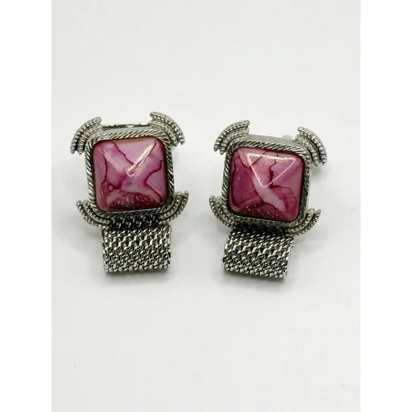 Pink Marbled Art‎ Glass Silvertone Mesh Cufflinks