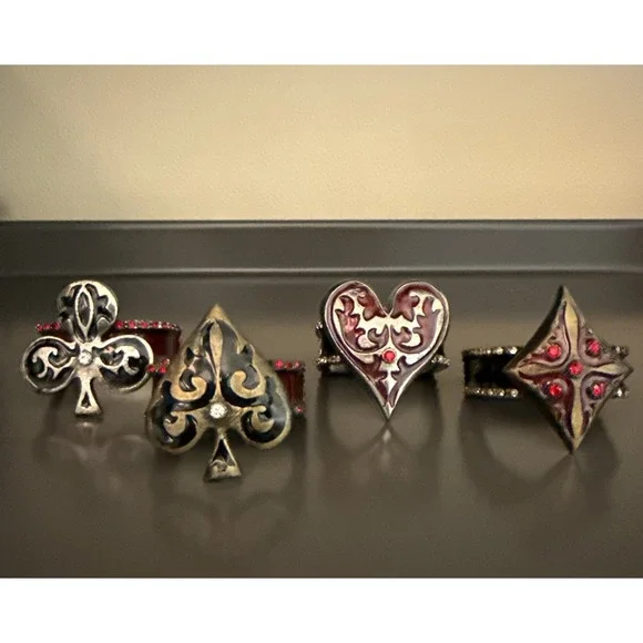 4 Metal Napkin Rings Card Suits Heart Diamond Spade Clover Red Black Rhinestones