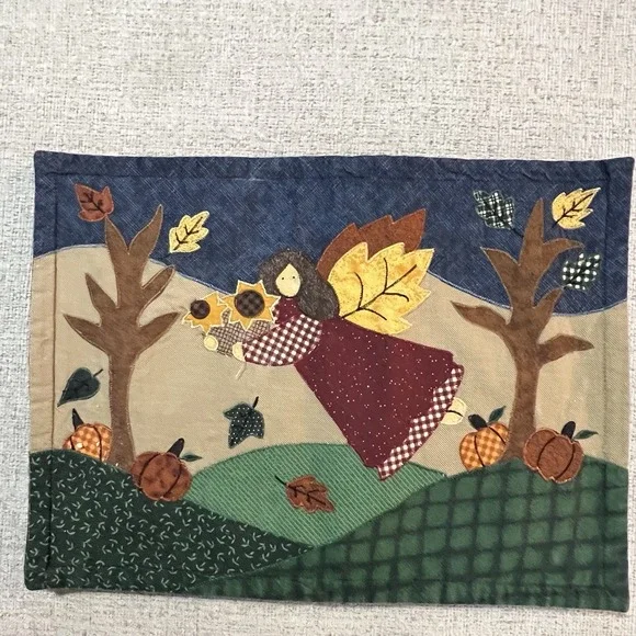 Set of 4 Autumn Fall Themed Placemats‎ Appliqué Angel Harvest Folk Art