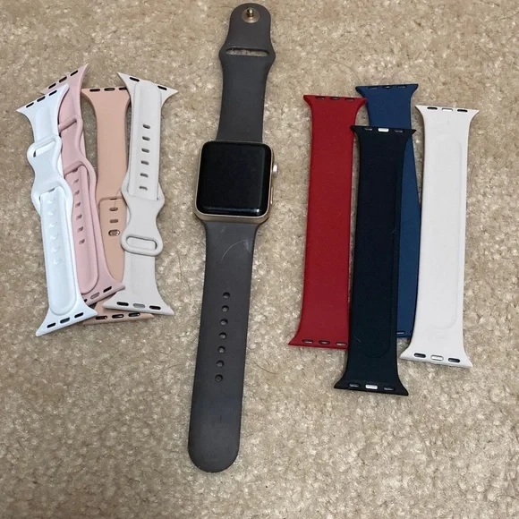 42mm Gold Aluminum Apple Smartwatch with Cocoa Band and 8 Colorful Straps