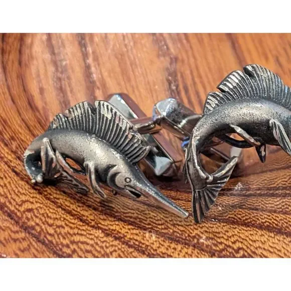 Sterling Silver Swordfish Cufflinks – Vintage Marine Theme, Marked STERLING