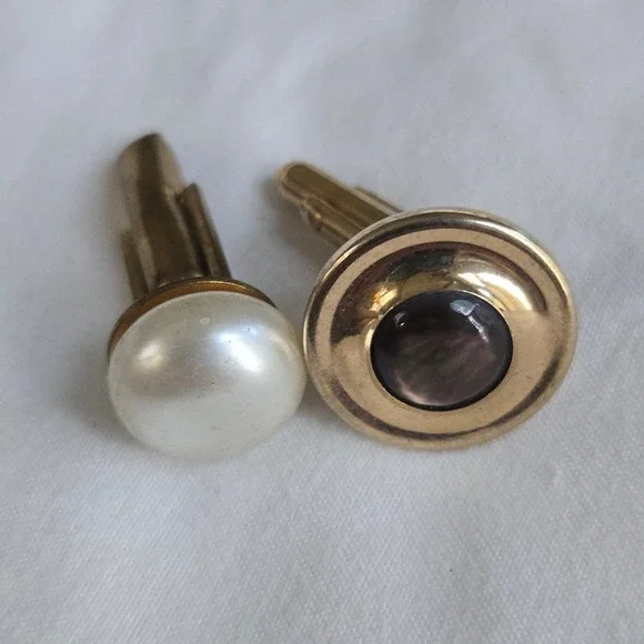 Vtg Cufflinks Gold Mismatched Pearl Stone Mens OS Formal Eclectic Pair Unbranded