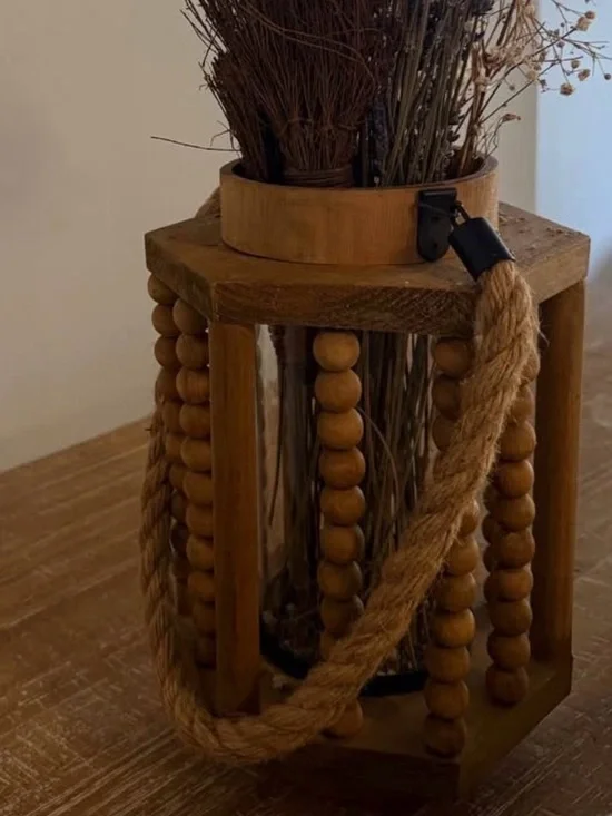 Wooden Beaded Lantern with Rope Handle - Brown