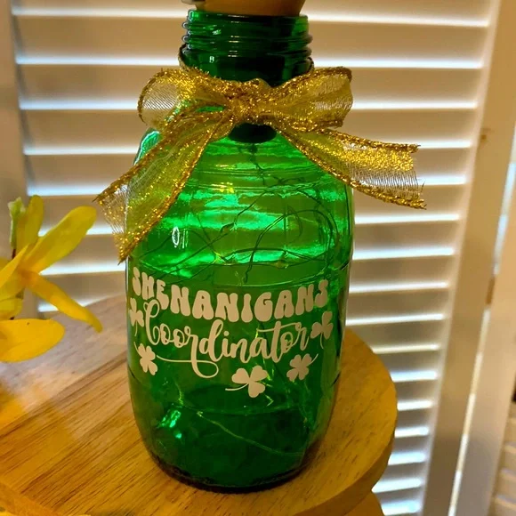 Hand Crafted- ‘Shenanigans Coordinator’ green barrel solar lantern