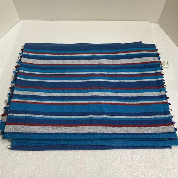 Pier 1 Imports Striped Tapestry Placemats set of 6 Beaded blues red gray Casual