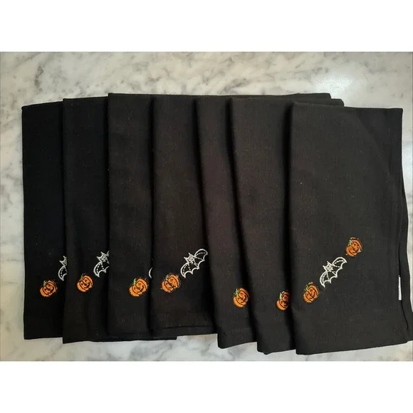 Vintage Halloween Napkins Cotton India Embroidered Pumpkin Bat Set Of Seven