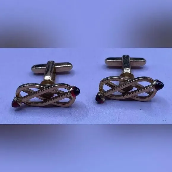 Gold Tone Mens Cufflinks Red Teardrop Glass Infinity Knot Whale Back Style 1”