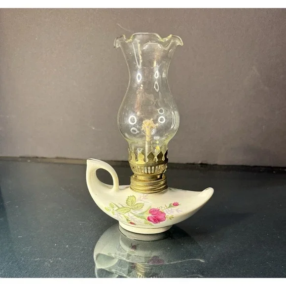 Vintage Miniature Porcelain Oil Lamp w/ Roses Floral Design 6.75