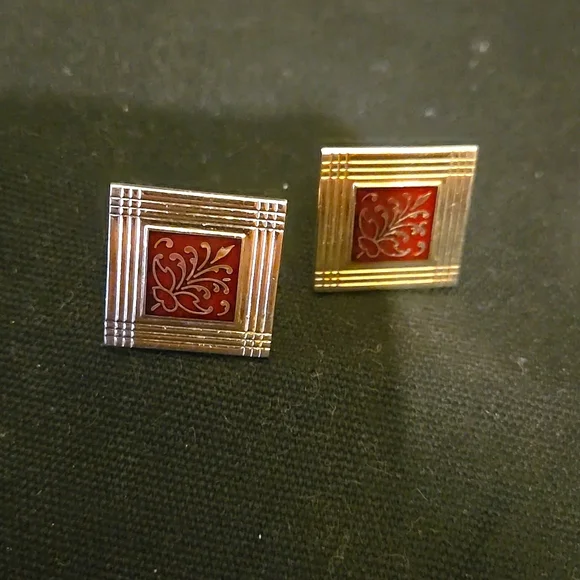Vintage red enamel and gold cuff links