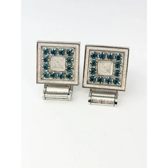 Vintage Swank Cufflinks Silver Tone Square blue rhinestones Retro Man