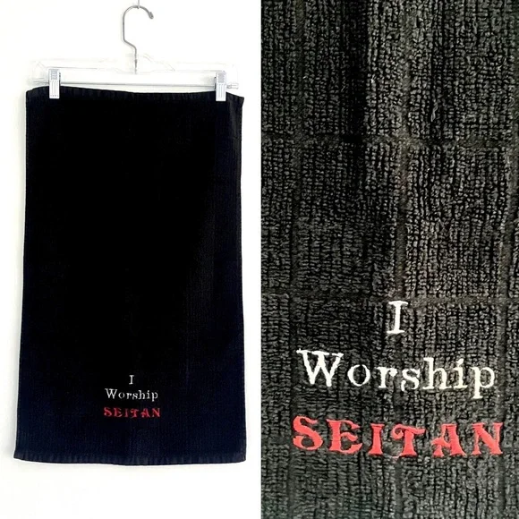 Vegan I worship seitan black embroidered kitchen towel