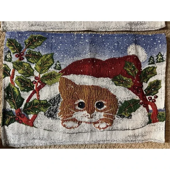 Christmas Placements Set Of 4 Kitten With Santa Hat With Storeage Bag