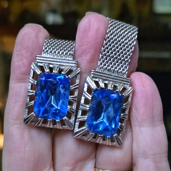 Swank blue topaz silver mesh vintage cufflinks