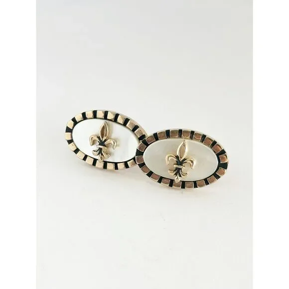 Vintage Fleur De Lis Mother of Pearl Gold Tone Cuff Links