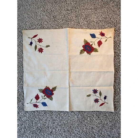Vintage hand embroidered napkin With ‎ Red Flowers Beautiful