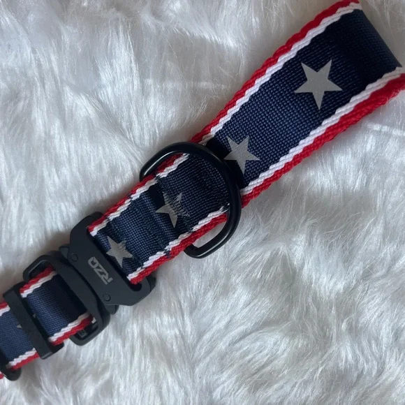 Fourth of July Dog Collar Red, White & Blue with stars, Black Metal Buckle.