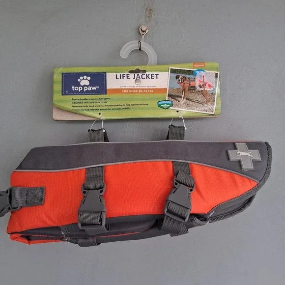 NWT NEW Top Paw Medium Dog Life Jacket Orange Flotation Device Water Safety M