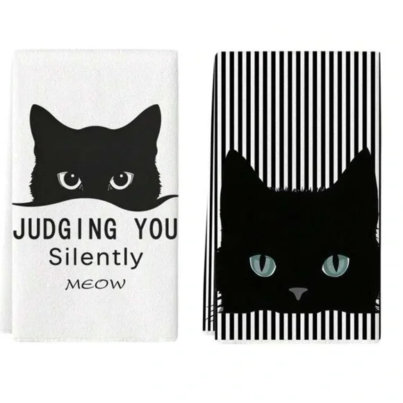 2 Black CAT kichen Tea Towels dish cloth Meow Judging You Silently Holiday Gift