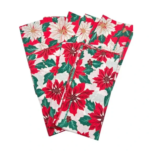 Vtg Set 8 Christmas Cloth Napkins‎ Poinsettias Hav-a-Hank Prop USA Mid Century
