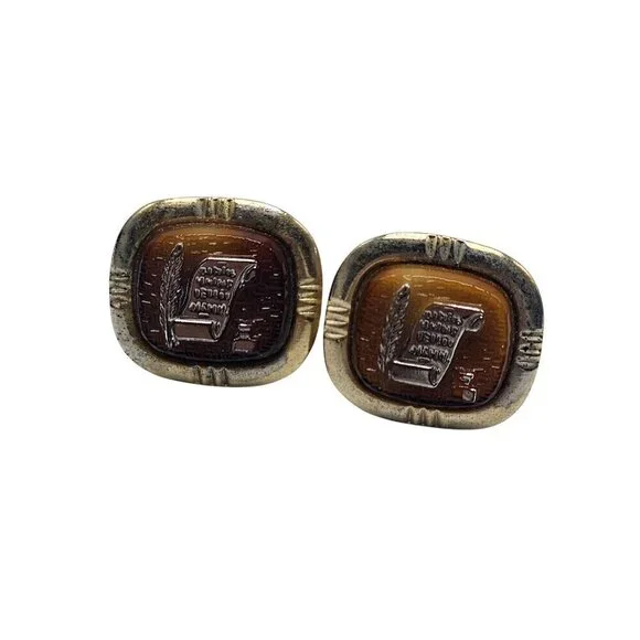 Vintage Brown Lucite Gold Tone Hebrew Scroll Quill Cufflinks