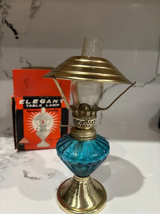 Vintage Blue oil Glass Table Lamp with Brass Accents