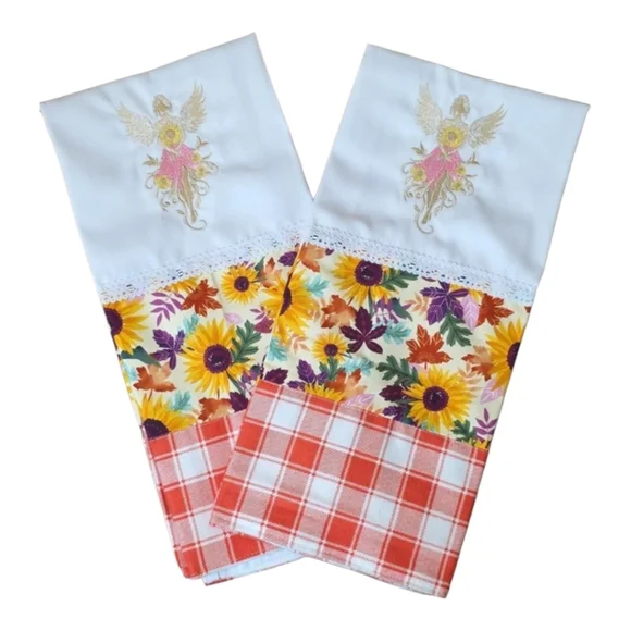 Handcrafted Embroidered Floral Angel Tea Towels Set 2 18