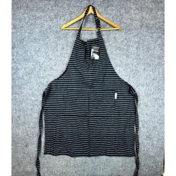 Working Kitchen Apron Unisex 28 x 36 Black White Cotton Striped Front Pocket
