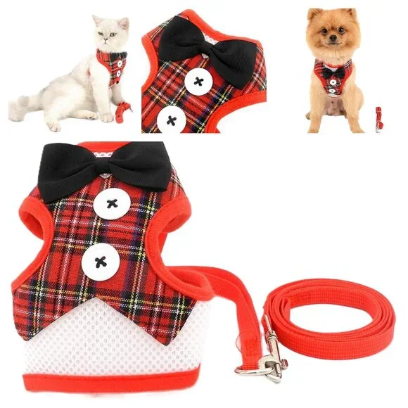 Dog Harness with Leash Christmas Tuxedo with Bow Tie Cat Dog Size M