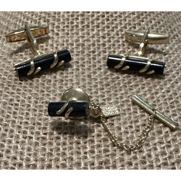 Vintage Emmons Cufflinks Tie Tack Pin Black Onyx gold tone Mid Century Wedding