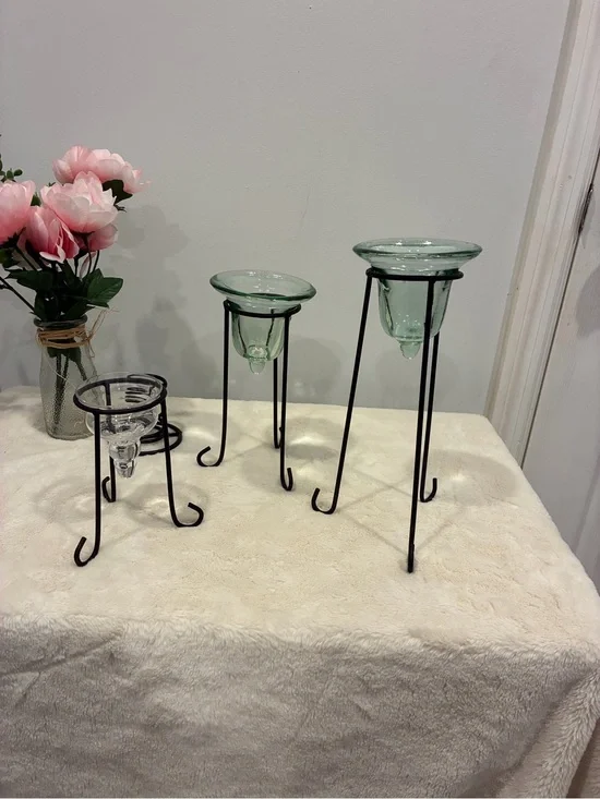 Green Tinted and Glass Candle Holders on Wrought Iron Metal Stand Set of 3