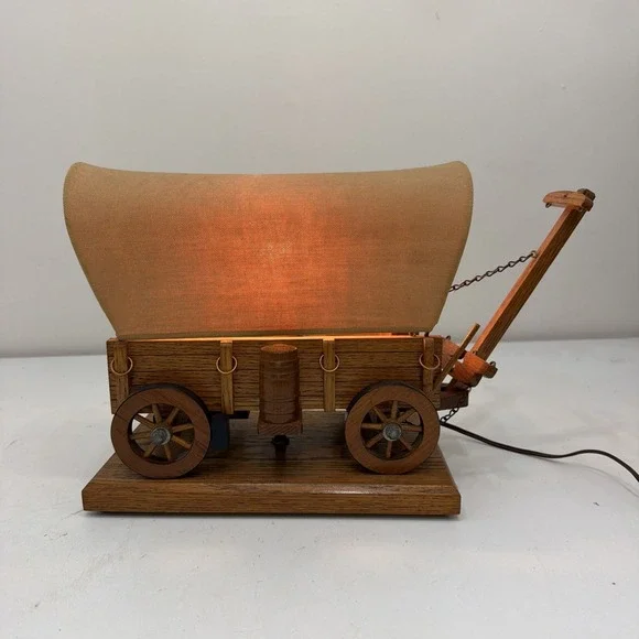 Vintage Wooden Covered Wagon Lamp Electric WORKS Western 16.5