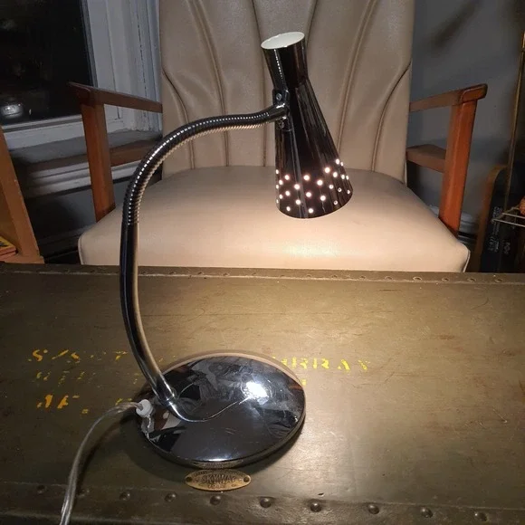 Vintage Revival Chrome Gooseneck Adjustable Silver Tone Table Lamp Conical Shade