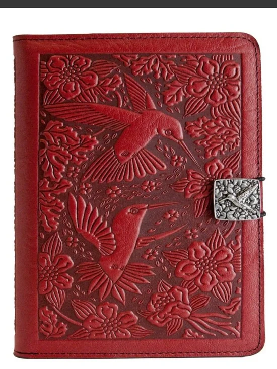 Leather Cover for Kindle e-Reader Embossed Hummingbird Floral Red Oberon Design