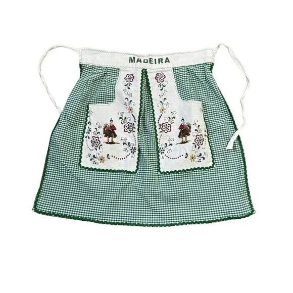 MADEIRA Apron Green Gingham Two Pockets Rick Rack 100% Cotton‎ Portugal