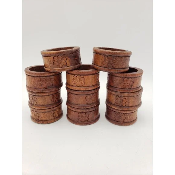 Vintage Wooden Napkin Rings‎ With Carved Floral Motif Lot Of 11 Made In India