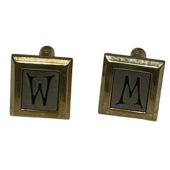 W Or M Initial Letter Name Vintage Cuff links Gold Silver Tone Square