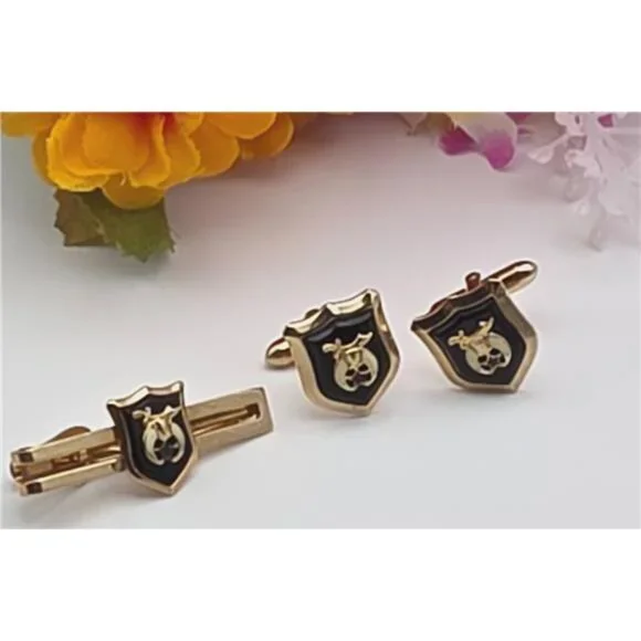 Swank Gold Tone Cufflinks Tie Bar Set Shriner Masonic Crescent Star Vintage
