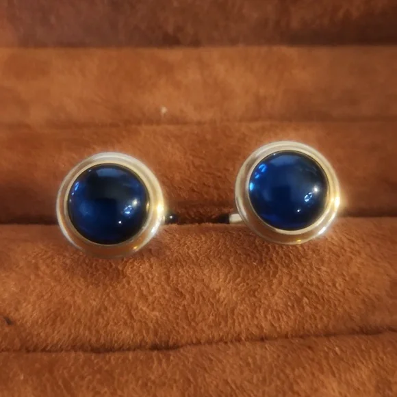 Correct 14K Goldplated Blue Round & Bullet Glass Cab Cufflinks, Signed