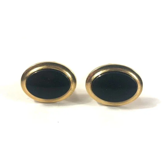 Vintage Oval Gold Tone Cufflinks Black Onyx/Glass Cabochon Classic Tuxedo