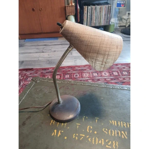 Vintage Mid Century Modern Gooseneck Lamp Light Fiberglass Rattan Tiki Shade