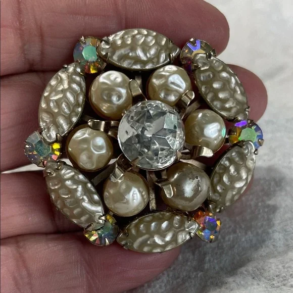 Vintage faux pearl and AB and Crystal Brooch