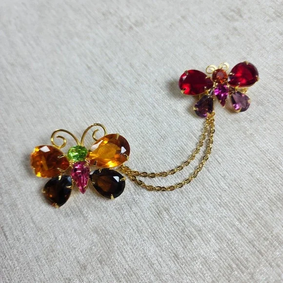 Joan Rivers Colorful Double Butterfly Chatelaine Pin Brooch Signed GoldTone