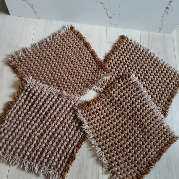 Vintage Woven Placemats Set of 4 Brown 15x16 Fringed Boho Mid Century Crochet