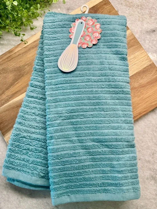 New Aqua Blue Soft Ribbed Textured 100% Cotton Kitchen Hand Towels Set of 2