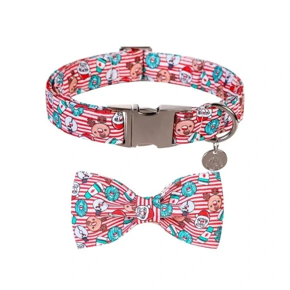 DOGWONG Christmas Dog Collar with Sailor Bow, Red Santa Claus Stripe Dog Collar