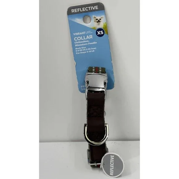 XS Reflective Dog Collar- Leather w/ Metal Fastener. 6-9 in Neck Size