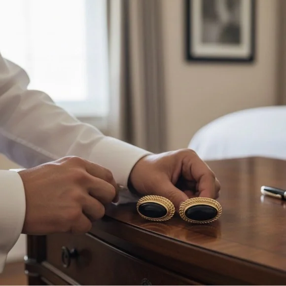 Vintage Shield’s Gold Tone Black Oval Cufflinks