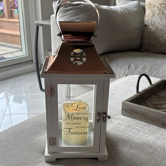 Sympathy Gift with beautiful message on it. White Lantern with Copper Top.