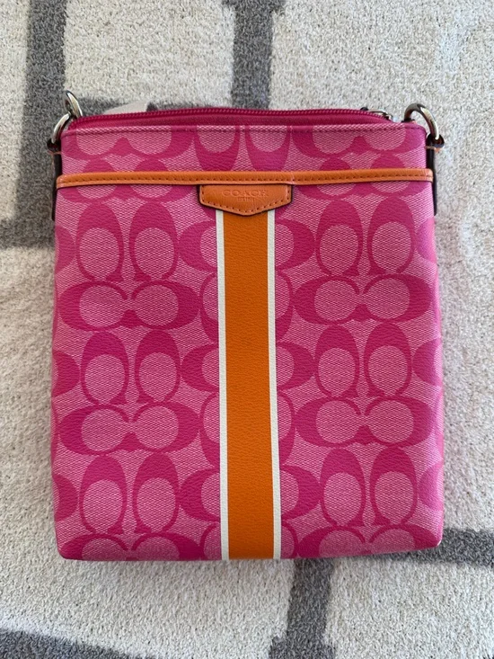 Coach Pink Signature Canvas Bag with Orange Stripe
