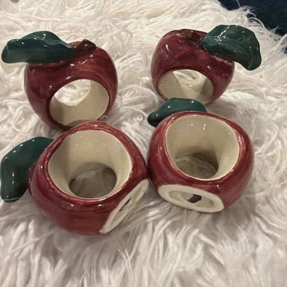Vintage Set Of Four Hand-Painted Ceramic Red Apple Napkin Rings